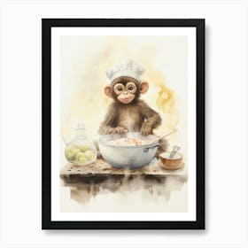 Monkey Painting Cooking Watercolour 2 Art Print