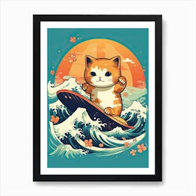 Kawaii Cat Drawings Surfing 1 Art Print