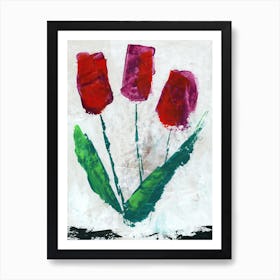 Three Tulips - floral flowers painting modern contemporary red green white vertical Art Print