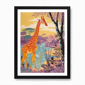 Giraffe By The Watering Hole Watercolour Illustration 2 Art Print