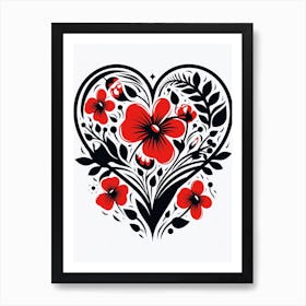 Simple Black & Red Heart With Poppies Art Print