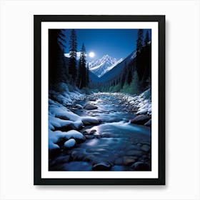 Midnight Landscape Bathed In Moonlit Glow Snow Covered Mountain Forests And Deep Valleys Large And Art Print