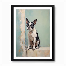 Boston Terrier Dog, Painting In Light Teal And Brown 2 Art Print