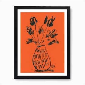 Flowers In A Vase burnt orange black ink line minimal minimalist minimalism floral sketch bedroom living room Art Print