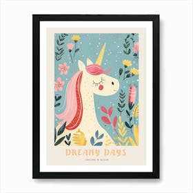 Storybook Style Unicorn & Flowers Pastel 3 Poster Art Print
