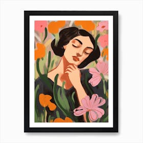 Woman With Autumnal Flowers Sweet Pea Art Print