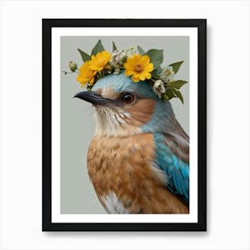 Blue Kingfisher With A Flower Crown European Robin Art Print