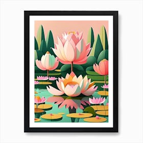 Lotus Flowers In Park Scandi Cartoon 4 Art Print