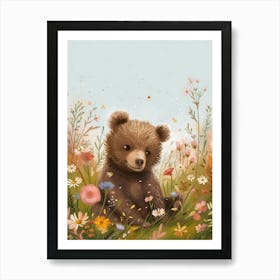 Brown Bear Cub In A Field Of Flowers Storybook Illustration 4 Art Print