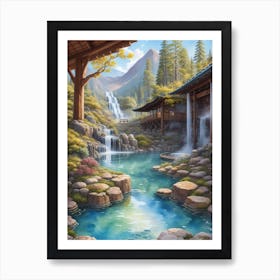 Waterfall In The Japanese Garden Art Print