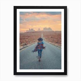 Cowgirl Walking Along The Road Art Print