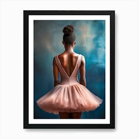 Ballerina With A Pink Dress Posing In Front Of Dark Blue Wall Art Print