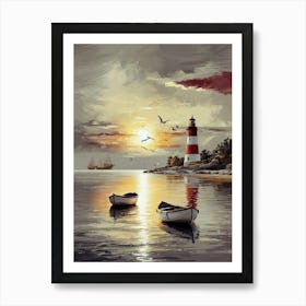 Lighthouse And Two Boats Art Print