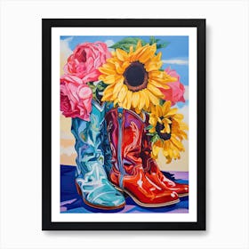 Oil Painting Of Sunflower Flowers And Cowboy Boots, Oil Style 4 Art Print