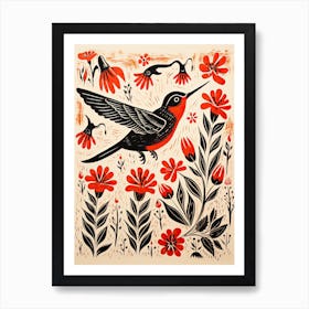 Hummingbird, Woodblock Animal  Drawing 4 Art Print