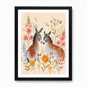 Folksy Floral Animal Drawing Donkey Art Print