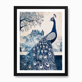 Peacock Blue Linocut Inspired With A Castle In The Background 1 Art Print