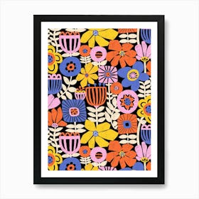 Paper Flowers Collage Pink Orange Yellow Blue White Black Art Print