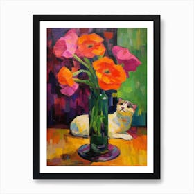 Lisianthus With A Cat 2 Fauvist Style Painting Art Print