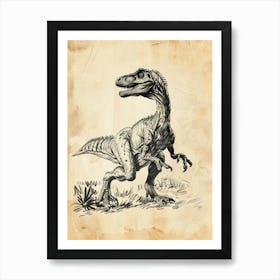 Vintage Oviraptor Dinosaur Sepia Illustration Art Print