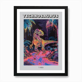 Scary Neon T Rex In River Poster Art Print