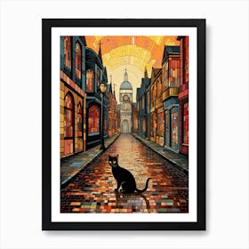 Mosaic Black Cat In A Vintage Sunset Street Art Print