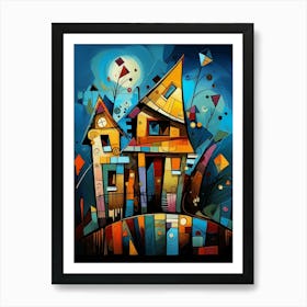 Fairytale House at Night 1, Abstract Vibrant Colorful Cubism Style Art Print