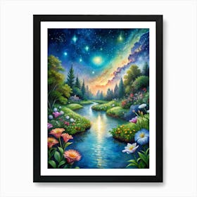 Hand Painted Night Sky Landscape Starry Night Forest In Celestial Serenity Art Print