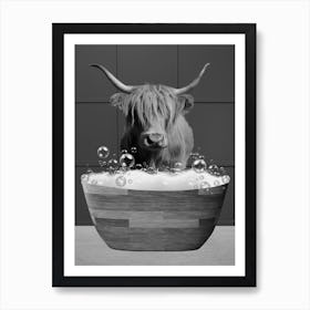 Highland Cow In Bathtub In Black And White Art Print