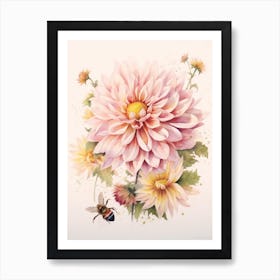 Beehive With Dahlia Watercolour Illustration 2 Art Print