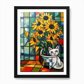 Daisies With A Cat 2 Cubism Picasso Style Art Print
