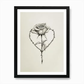 English Rose In A Heart Line Drawing 2 Art Print