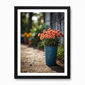 Flowers In A Blue Bucket Art Print