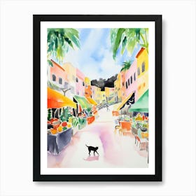 Food Market With Cats In Malibu 3 Watercolour Art Print