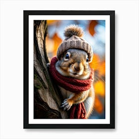 Close Up Squirrel Adorned With A Knitted Hat And Scarf Perched On A Gnarled Tree Branch Winter Ba Art Print