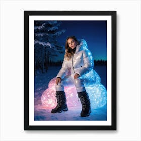 Woman in down jacket sitting on glowing pillow, mystic Art Print