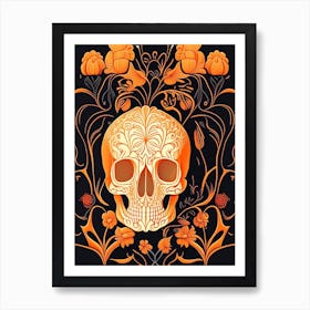 Skull With Floral Patterns 1 Orange Line Drawing Art Print