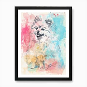 Pomeranian Dog Pastel Line Watercolour Illustration  2 Art Print