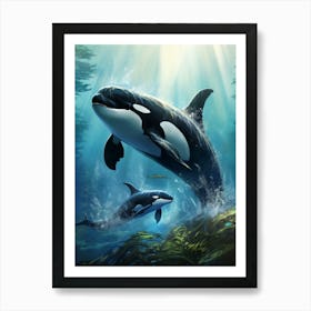 Realistic Orca Whales Swimming In The Ocean Art Print