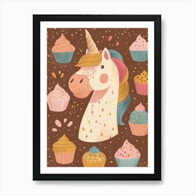 Unicorn With Cupcakes Mocha Muted Pastels 1 Art Print
