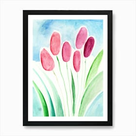 Happy Tulips - watercolor painting floral flowers vertical light blue red green hand painted living room kitchen Art Print