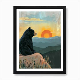 American Black Bear Looking At A Sunset From A Mountain Storybook Illustration 3 Art Print