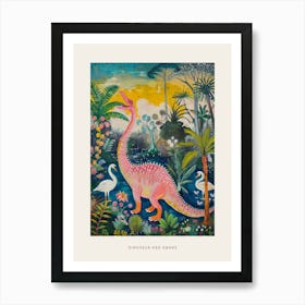 Dinosaur With Swans Painting 3 Poster Art Print