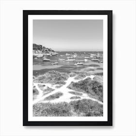 Black And White Photo Of Boats In The Bay Art Print