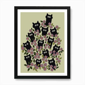 Cute Black Cats Popping Out In Purple Wild Flowers Garden Beautiful Art Art Print