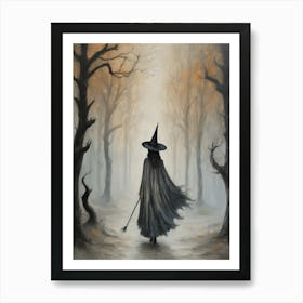 A Grey Witch in The Haunted Forest | Neutral Tones Halloween all Year Witchy Art Prints for a Feature Wall | Dark Aesthetic Mystical Samhain Art Print