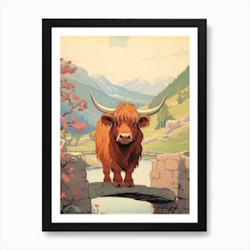 Sweet Animated Highland Cow On The Bridge Art Print