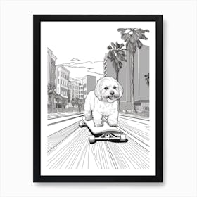 Maltese Dog Skateboarding Line Art 3 Art Print