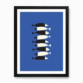Abstract Fish In A Row Black White Blue Art Print