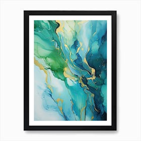 Blue, Green, Gold Flow Asbtract Painting 0 Art Print